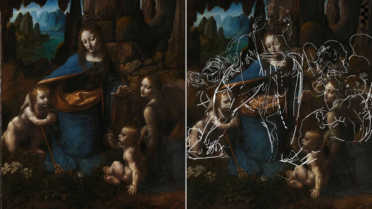 The finished painting (left) and Leonardo's hidden sketches shown on the canvas (right).