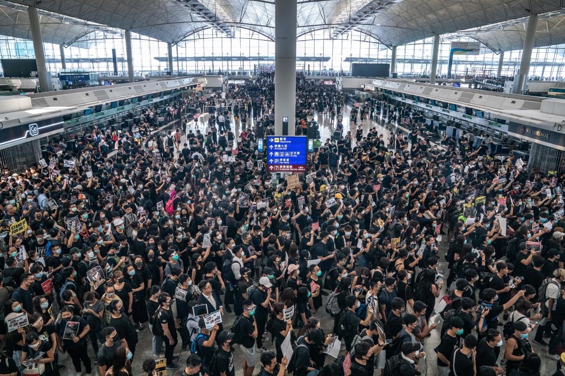 Protesters occupy the departure hall of the Hong Kong International Airport during a demonstration on August 12, 2019 in Hong Kong, China.