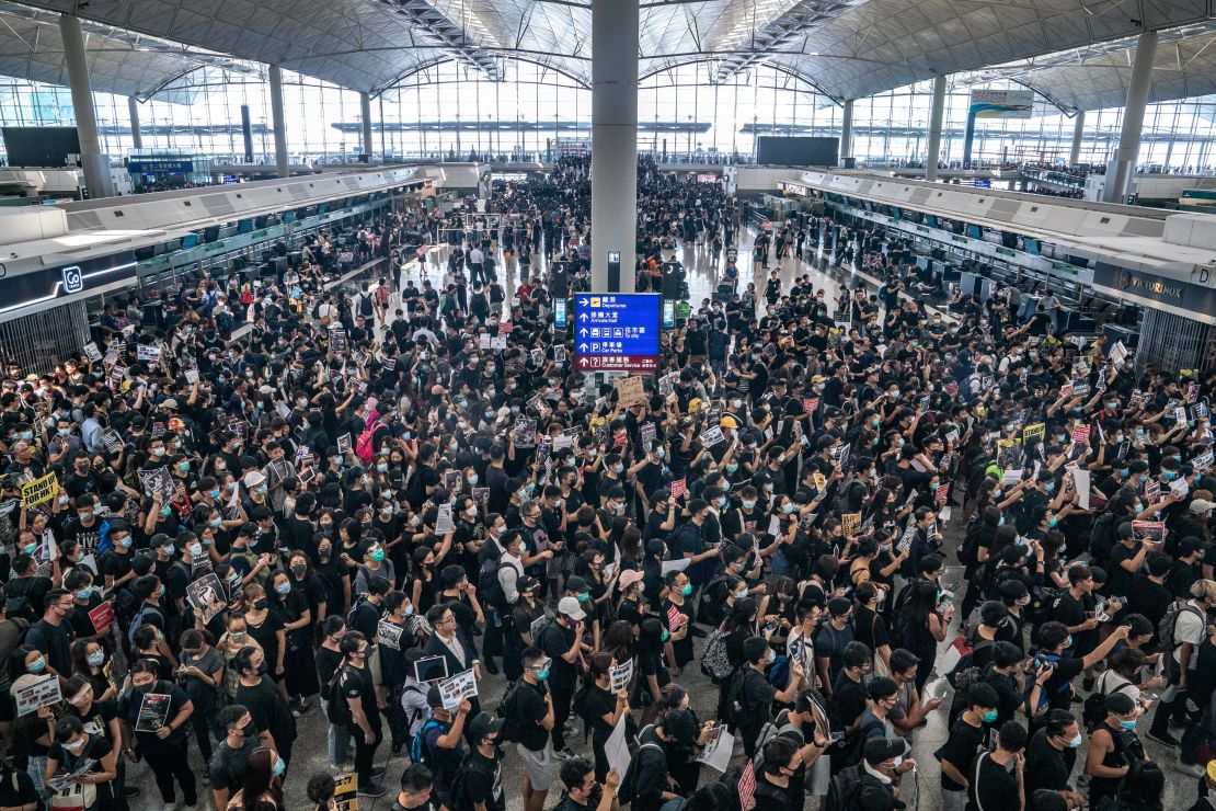 Protesters occupy the departure hall of the Hong Kong International Airport during a demonstration on August 12, 2019 in Hong Kong, China. 