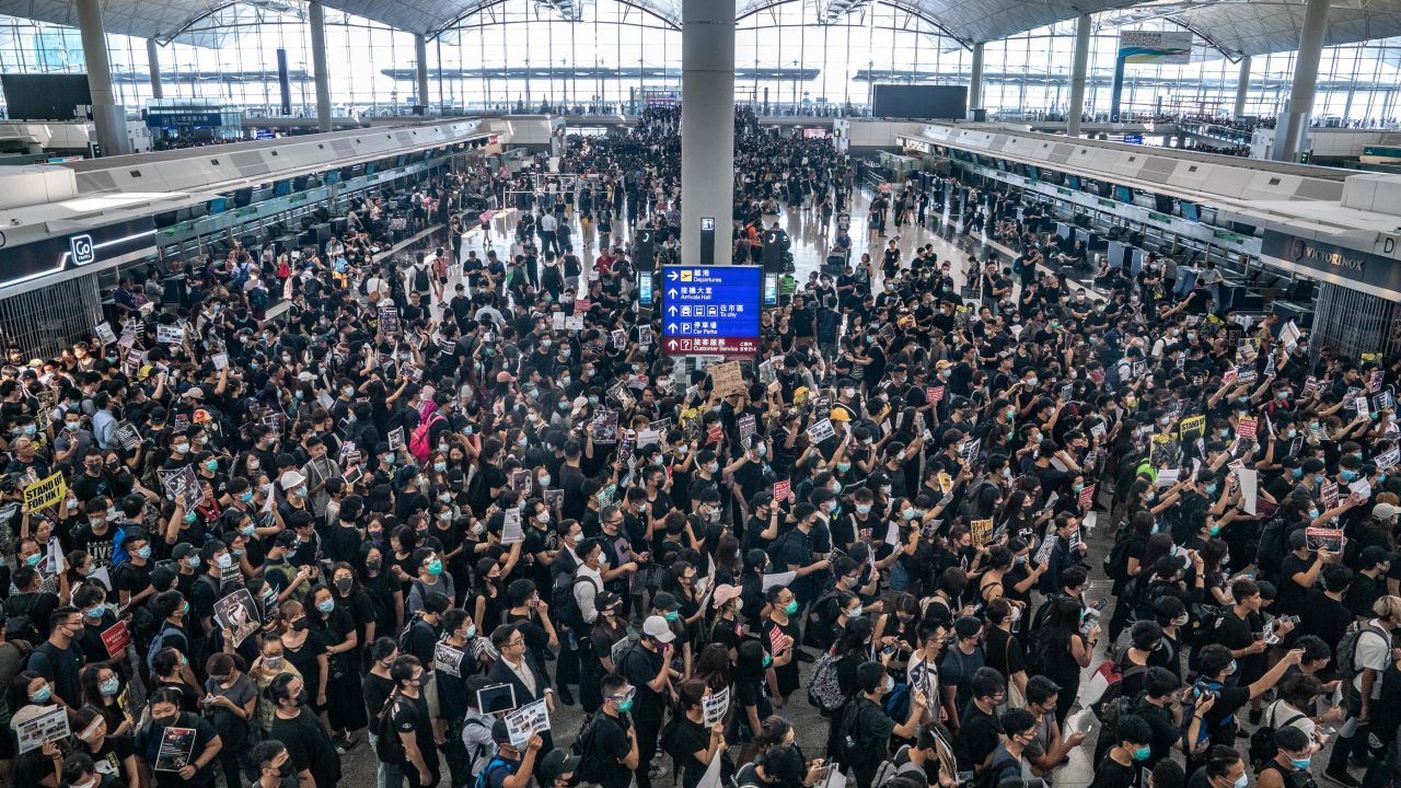 Protesters occupy the departure hall of the Hong Kong International Airport during a demonstration on August 12, 2019 in Hong Kong, China. 