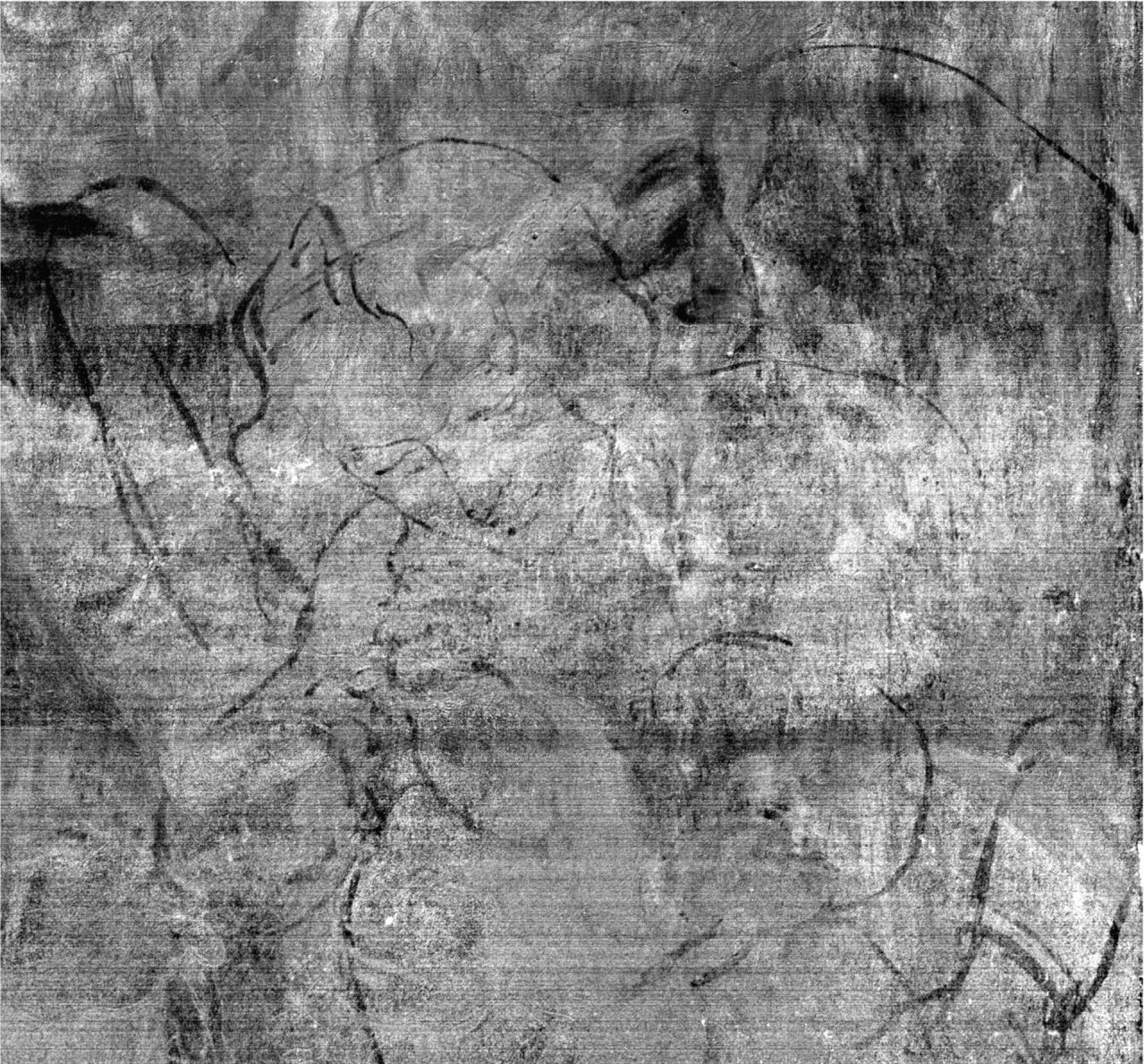 Detail from imaging data of Leonardo's painting The Virgin of the Rocks, revealing the drawing for the angel and baby of the first composition.