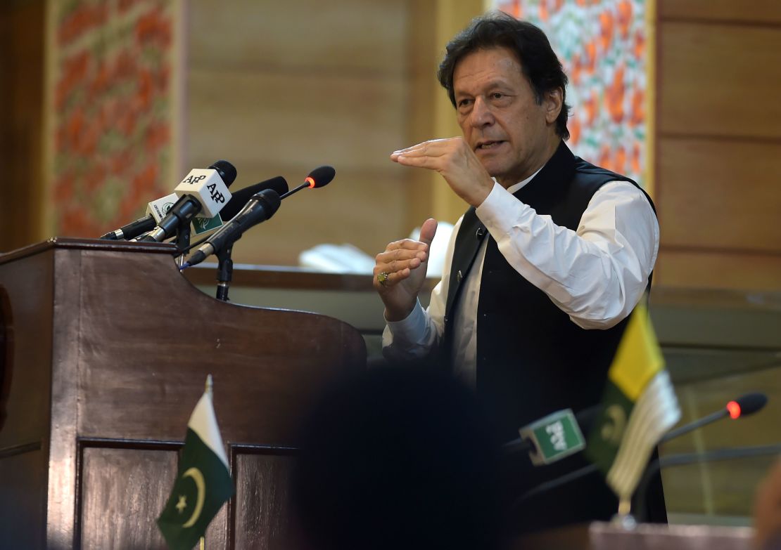 Pakistan's Prime Minister Imran Khan addresses the legislative assembly in Muzaffarabad, the capital of Pakistan-controlled Kashmir.