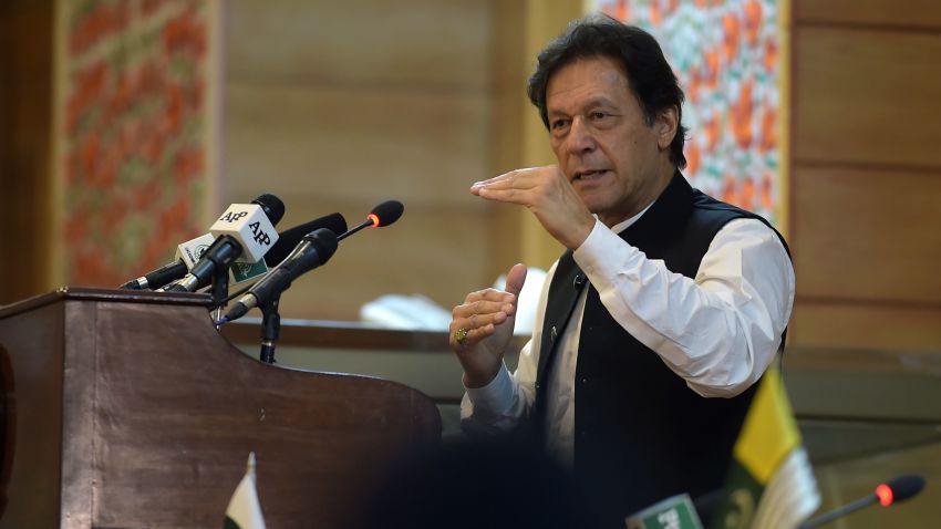 Pakistan's Prime Minister Imran Khan addresses the legislative assembly in Muzaffarabad, the capital of Pakistan-controlled Kashmir on August 14, 2019, to mark the country's Independence Day. - His visit to mark the country's Independence Day comes more than a week after Indian Prime Minister Narendra Modi delivered a surprise executive decree to strip its portion of the Muslim-majority Himalayan region of its special status. (Photo by AAMIR QURESHI / AFP)        (Photo credit should read AAMIR QURESHI/AFP/Getty Images)