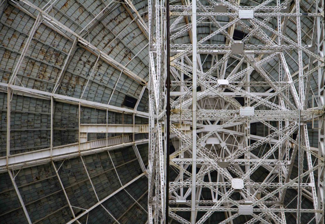 Lovell Telescope by Marge Bradshaw. She has been fascinated with the Lovell Telescope at Jodrell Bank since she went on a school trip. She wanted to take a series of closer, more detailed shots, showing the wear on it.