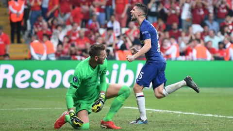 Chelsea's Jorginho, right, celebrates after scoring his team's second goal from the penalty spot.