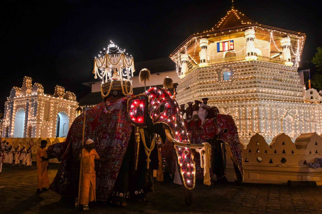 In this photograph taken on August 14, 2019 elephants decorated for the "Esala Perahera" festival are led past the Buddhist temple of the Tooth in the ancient hill capital of Kandy.