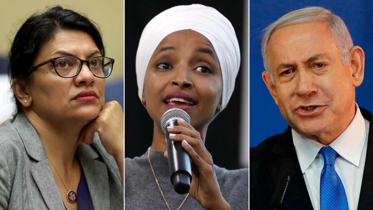 Left: Rep. Rashida Tlaib (D-MI); Center: Rep. Ilhan Omar (D-MN); Right: Israeli Prime Minister Benjamin Netanyahu