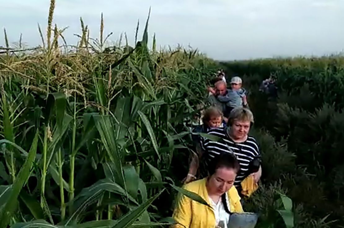 Passengers make their way through a cornfield near Zhukovsky International Airport after their flight made an emergency landing on Thursday.