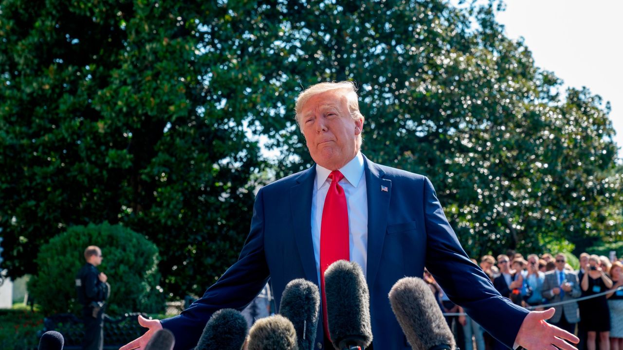 WASHINGTON, DC - AUGUST 09: US President Donald Trump speaks to members of the press before departing from the White House on the south lawn before he boards Marine One on August 09, 2019 in Washington, DC. Donald Trump spoke to reporters about gun background checks and the escalation of the US-China trade war. (Photo by Tasos Katopodis/Getty Images)
