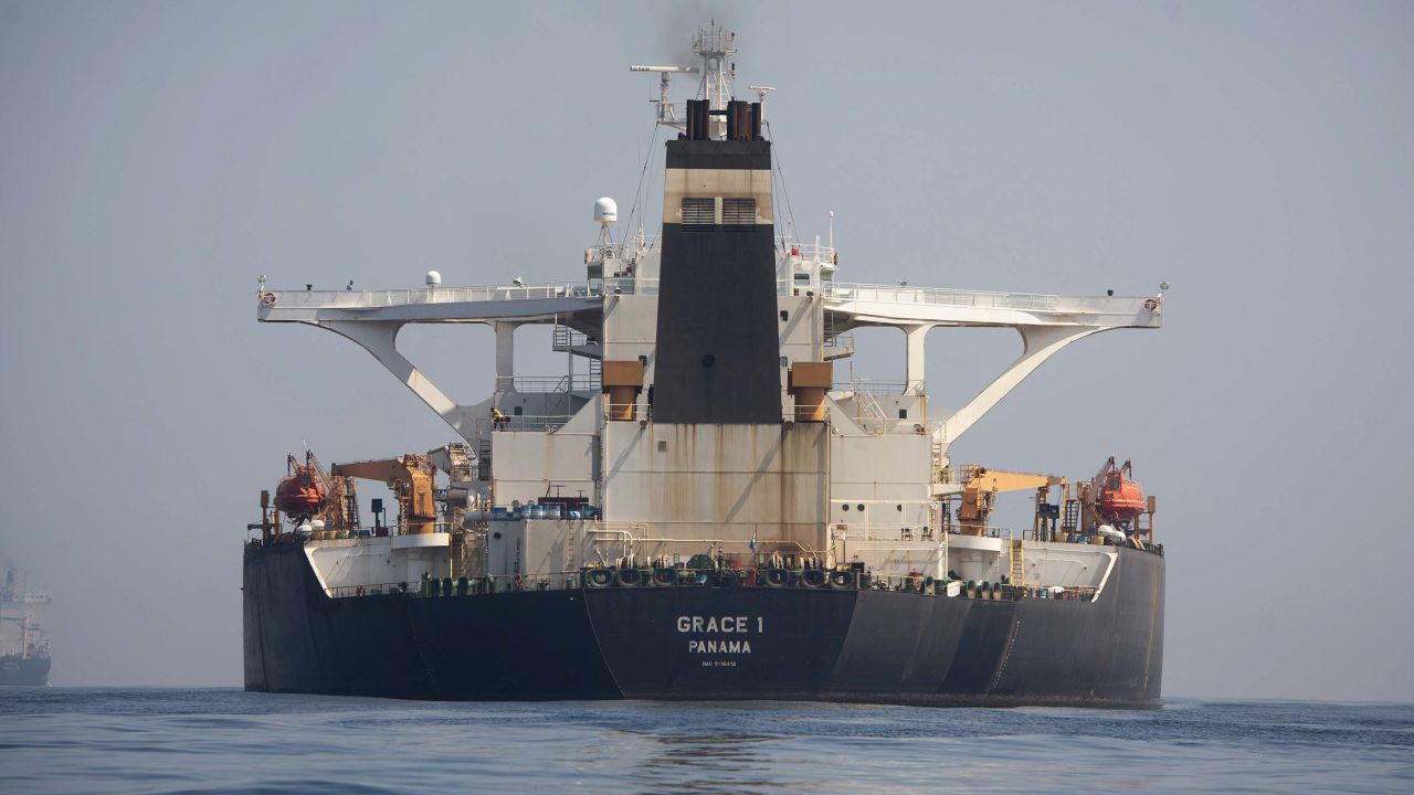 A stern view of the Grace 1 super tanker in the British territory of Gibraltar, Thursday, Aug. 15, 2019, seized last month in a British Royal Navy operation off Gibraltar.  The United States moved on Thursday to halt the release of the Iranian supertanker Grace 1, detained in Gibraltar for breaching EU sanctions on oil shipments to Syria, thwarting efforts by authorities in London and the British overseas territory to defuse tensions with Tehran. (AP Photo/Marcos Moreno)