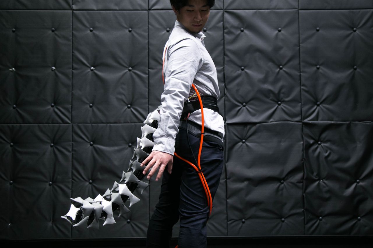The robotic tail responds to user movement through four artificial "muscles."