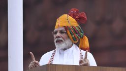 India's Prime Minister Narendra Modi, pictured speaking on Independence Day on August 15 2019, commands a vast following in the country but has been criticised for aspects of his Hindu nationalist agenda and alleged rights violations