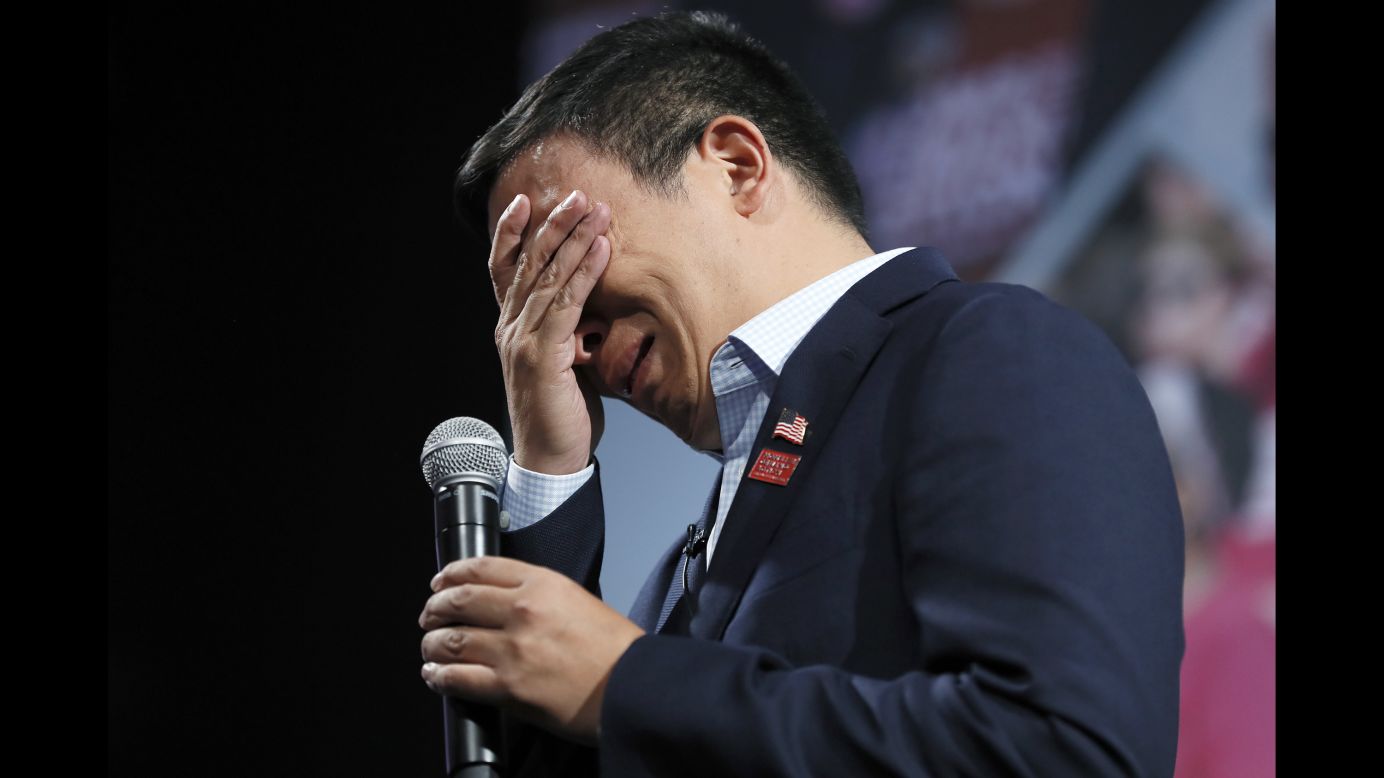 Democratic presidential candidate Andrew Yang <a href="https://www.cnn.com/2019/08/10/politics/andrew-yang-gun-violence/index.html" target="_blank">breaks down in tears</a> Saturday, August 10, while speaking at a gun-safety forum in Des Moines, Iowa. Yang became emotional when discussing gun violence with a woman who said she lost her daughter to a stray bullet.