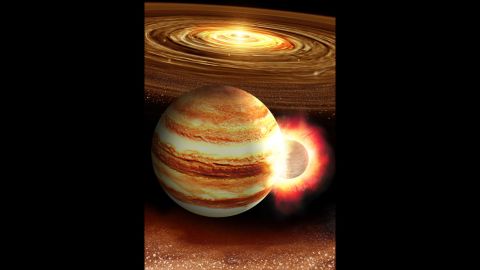 An artist's impression of a collision between a young Jupiter and a massive, still-forming protoplanet in the early solar system.