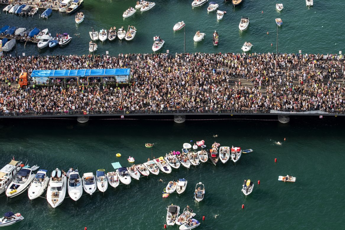 This aerial photo, taken on Saturday, August 10, shows people partying at the annual Street Parade in Zurich, Switzerland. It has been billed as the world's largest celebration of electronic and techno music.