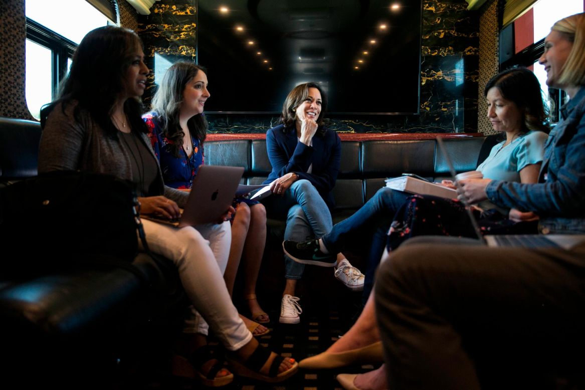 US Sen. Kamala Harris, center, rides her campaign bus in Iowa on Friday, August 9. She was among the many presidential candidates who attended the <a href="http://www.cnn.com/2019/08/09/politics/gallery/iowa-state-fair-2019/index.html" target="_blank">Iowa State Fair</a> this past week.