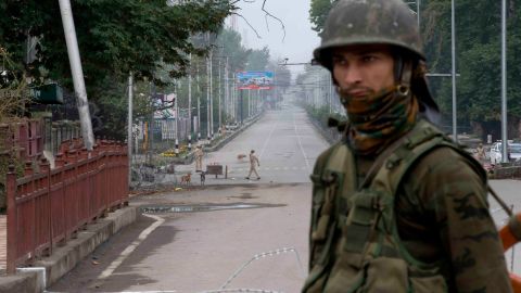 An Indian soldier on a deserted road during lockdown in Srinagar, Indian-controlled Kashmir, on Thursday, August  15.
