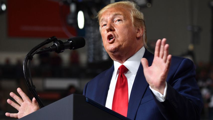 US President Donald Trump speaks during a "Keep America Great" campaign rally at the SNHU Arena in Manchester, New Hampshire, on August 15, 2019. (Photo by Nicholas Kamm / AFP)        (Photo credit should read NICHOLAS KAMM/AFP/Getty Images)