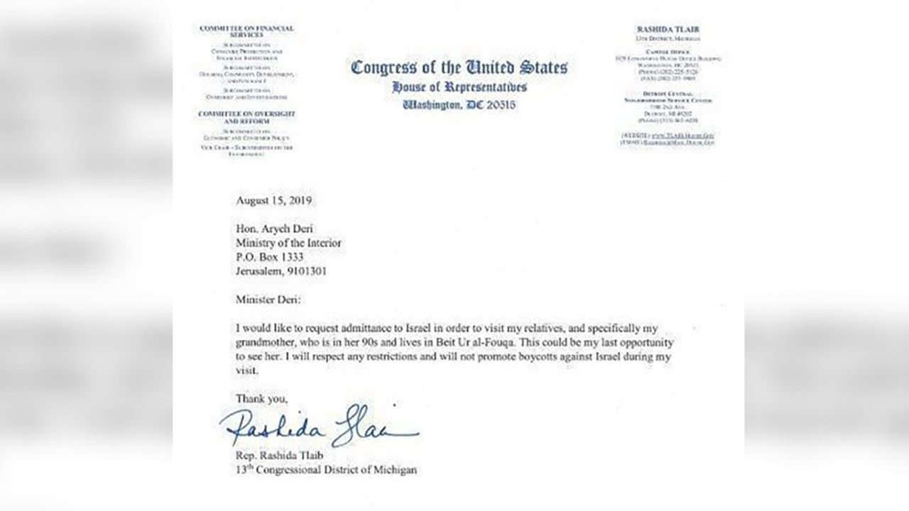 Israeli Interior Minister spokesman Barak Seri provided a copy of the letter submitted by Tlaib to CNN. 