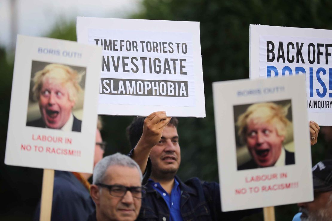 Protesters outside the Hillingdon Conservative Association office in 2018 in Boris Johnson's constituency of Uxbridge, England.