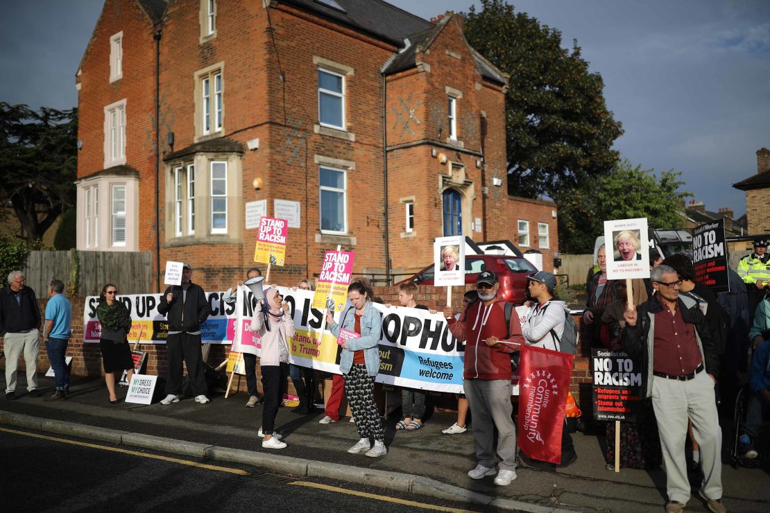 Protesters at an August 2018 demonstration in Uxbridge, England, following comments made by Boris Johnson about Muslim women wearing full-face veils.