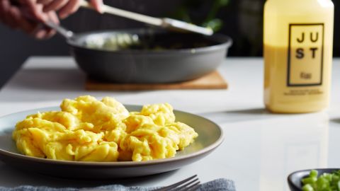 When cooked, Just Egg looks like scrambled eggs.