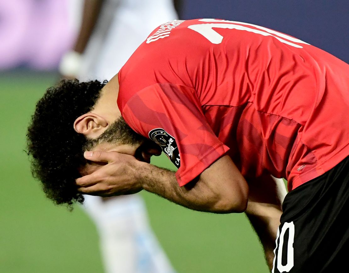 Salah reacts during the 2019 Africa Cup of Nations (CAN) football match between Egypt and DR Congo.