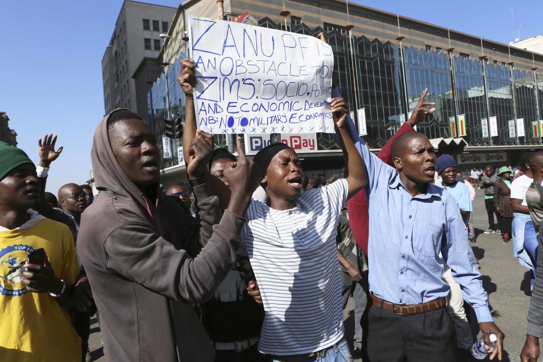MDC protestors defy the ban against a planned demonstration against President Mnangagwa's government in Harare on Friday. 