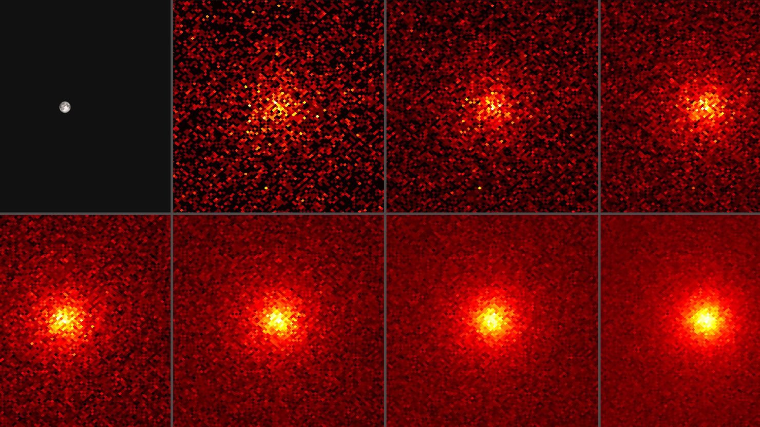 The moon's gamma rays shine brightly as seen in these images from NASA's Fermi telescope. Brighter colors indicate greater numbers of gamma rays. This sequence shows how more months of exposure improved the view.