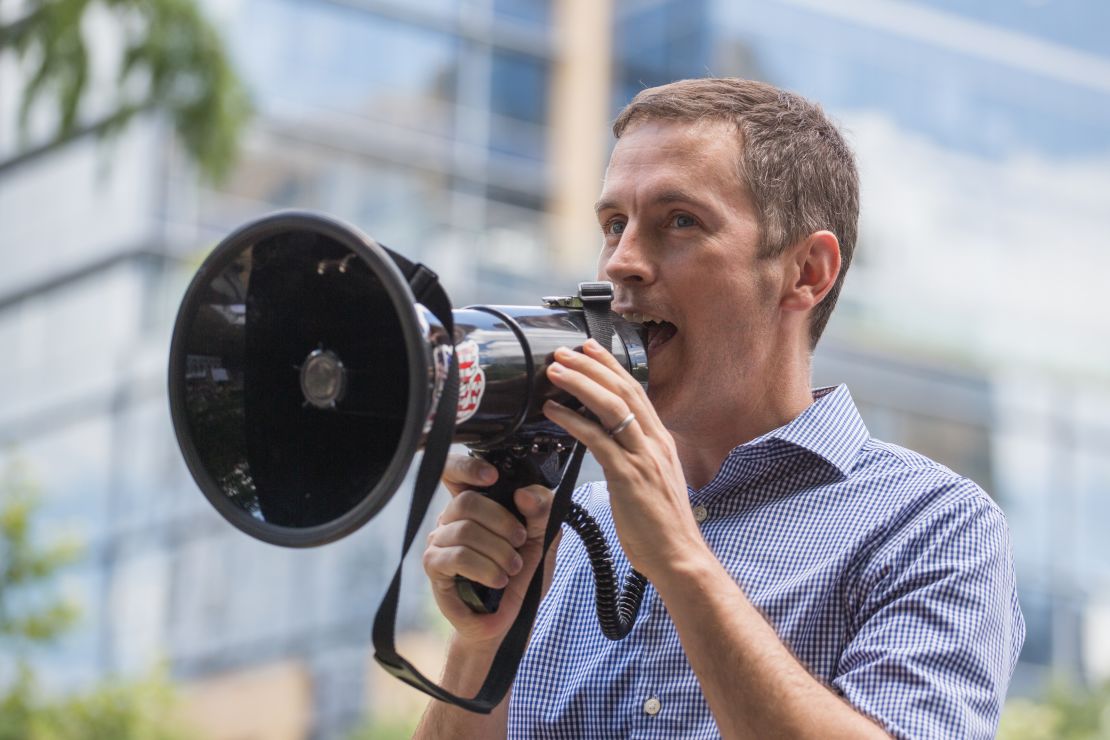 Mike Siegel, former public school teacher and civil rights lawyer running for Congress, speaks last month during a protests in Austin, Texas. (Photo by Rick Kern/Getty Images for MoveOn.org Civic Action)