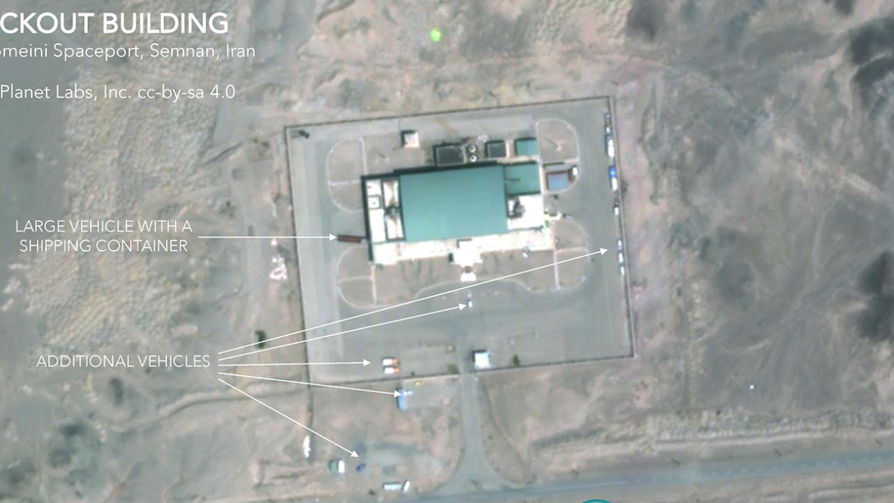 CREDIT: Planet Labs Inc. and the Middlebury Institute
Images show activity at the checkout building and the circular launch pad at Imam Khomeini Spaceport in Semnan, Iran. According to the Middlebury Institute, the images suggest at launch is likely, possibly at the circular pad.