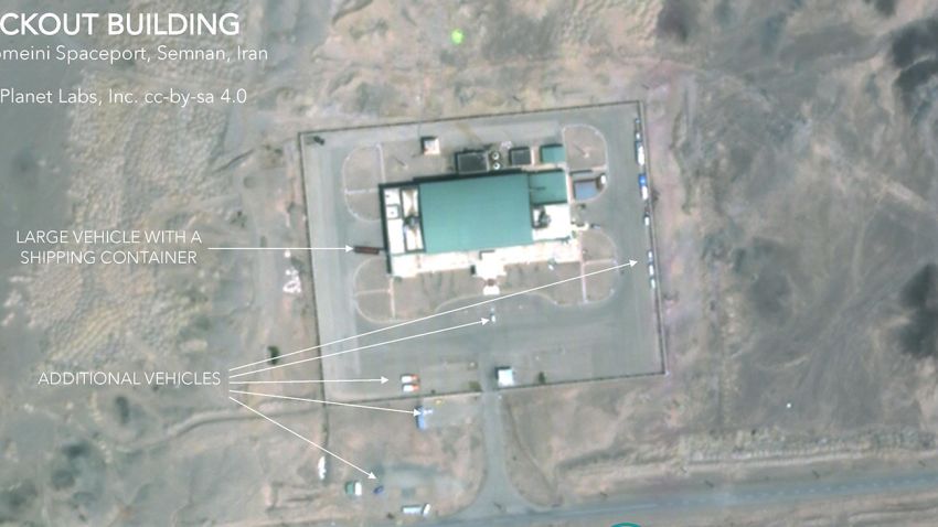 CREDIT: Planet Labs Inc. and the Middlebury Institute
Images show activity at the checkout building and the circular launch pad at Imam Khomeini Spaceport in Semnan, Iran. According to the Middlebury Institute, the images suggest at launch is likely, possibly at the circular pad.