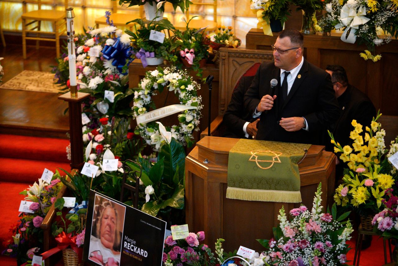 Dean Reckard speaks about his mother's life during her funeral.