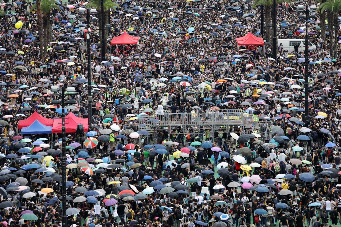 Demonstrators gather at Victoria Park during a protest in the Causeway Bay district of Hong Kong, China, on Sunday, Aug. 18, 2019. 
