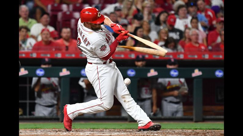 Tucker Barnhart of the Cincinnati Reds breaks his bat during the sixth inning of a baseball game against the St. Louis Cardinals in Cincinnati, Ohio, on August 15. Cincinnati defeated St. Louis 2-1.