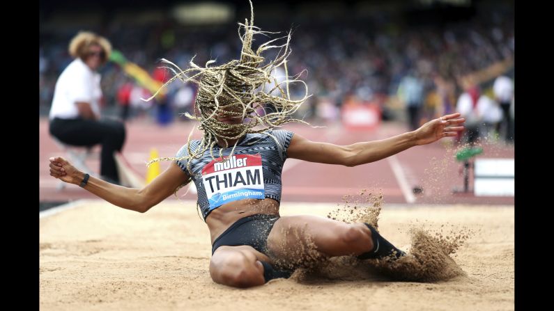 Belgium's Nafissatou Thiam competes in the Women's Long Jump during the Muller Grand Prix Diamond League Birmingham event in Birmingham, England, on Sunday, August 18.