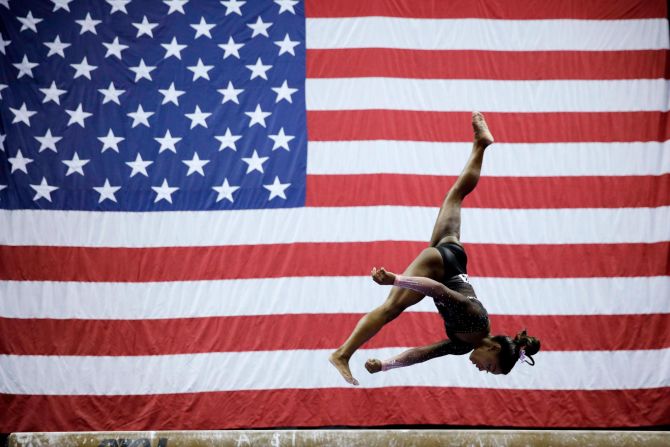 Simone Biles competes on the beam during the senior women's competition at the 2019 US Gymnastics Championships in Kansas City, Missouri, on Sunday, August 11.