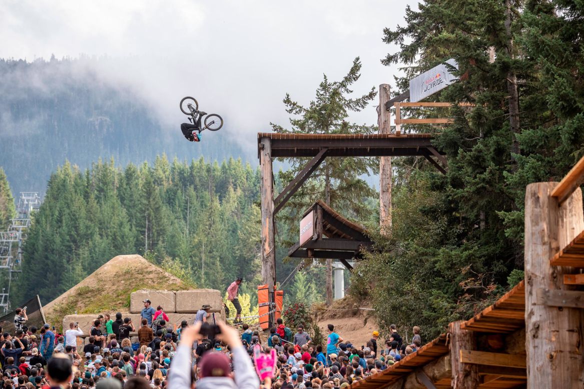 Brett Rheeder competes during the Red Bull Joyride mountain biking competition in Whistler, Canada, on August 17, 2019.