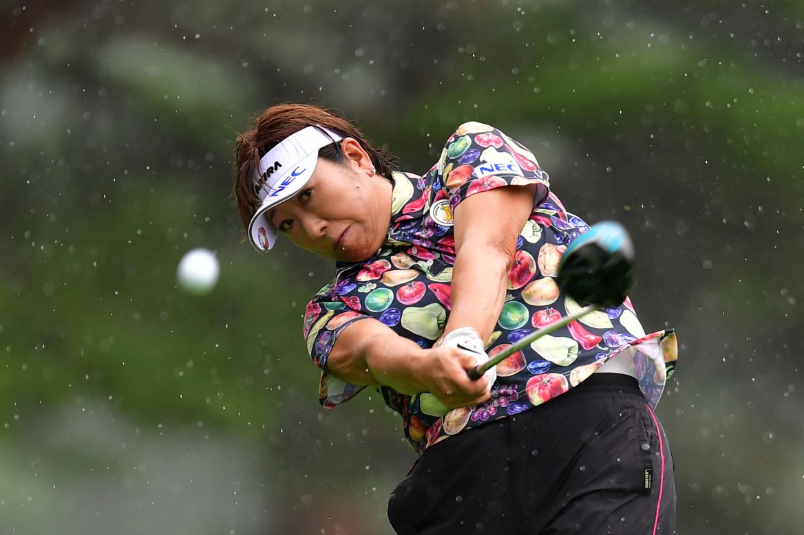 Akiko Fukushima of Japan hits her tee shot on the 4th hole during the first round of Karuizawa 72 Golf Tournament in Nagano, Japan, on August 16.