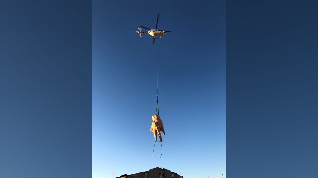 Terrifying' hand sculpture flies in to give Wellington nightmares