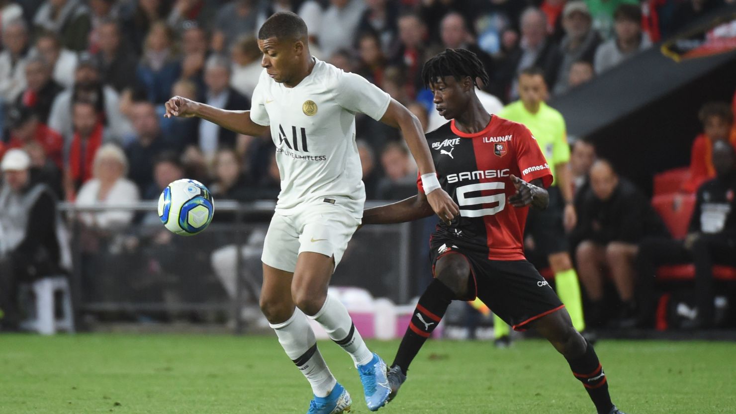 Eduardo Camavinga vies for the ball with Kylian Mbappe during Rennes' surprise victory.