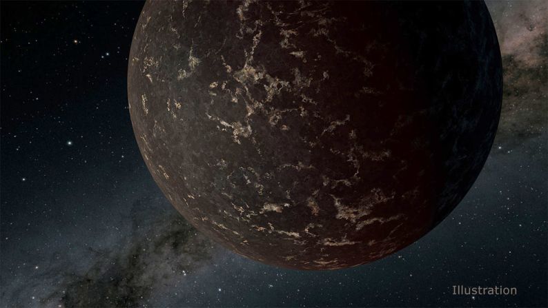 This artist's illustration depicts the exoplanet LHS 3844b, which is 1.3 times the mass of Earth and orbits an M dwarf star. The planet's surface may be covered mostly in dark lava rock, with no apparent atmosphere. 