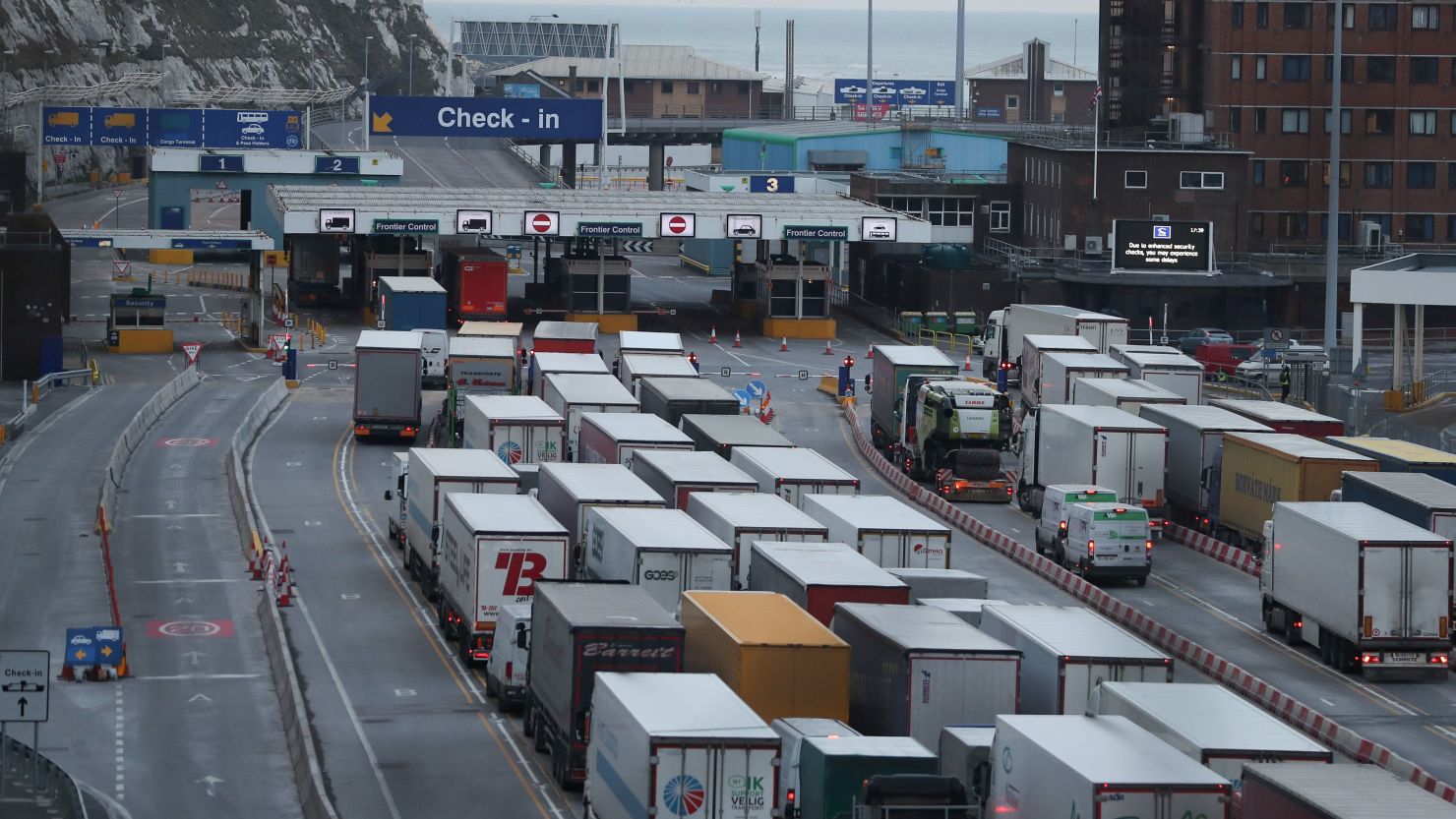 Lorries queue up at the port of Dover on the south coast of England.