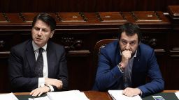 Italian premier Giuseppe Conte (L) and Italys Interior Minister and Deputy Prime Minister Matteo Salvini are seen at the Lower House, ahead of a confidence vote on the government program, in Rome on June 6, 2018. - Conte is set to address the Lower House for a confidence vote on his government programme later today, after winning the confidence vote at the Senate yesterday. (Photo by FILIPPO MONTEFORTE / AFP)        (Photo credit should read FILIPPO MONTEFORTE/AFP/Getty Images)