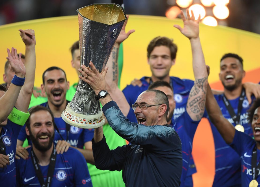 Maurizio Sarri celebrates with the Europa League Trophy following Chelsea's Europa League Final victory over Arsenal at Baku last season.