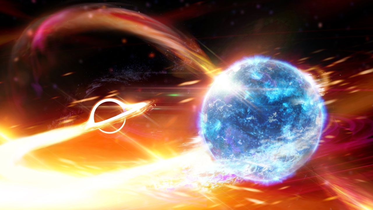 This is an artist's depiction of a black hole about to swallow a neutron star. Detectors signaled this possible event on August 14.