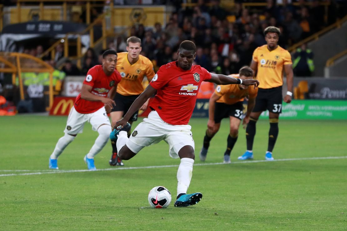 Paul Pogba of Manchester United has his penalty saved by Wolves goalkeeper Rui Patricio.