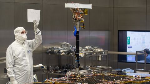 The PanCam sitting on top of the mast of the Rosalind Franklin rover in the Airbus cleanroom