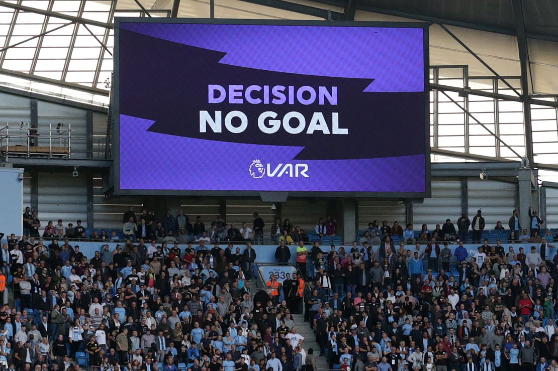 The big screen displays the "no goal" VAR decision to rule out what would have been Manchester City's third goal against Spurs.
