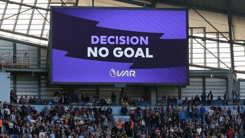 The big screen displays the "no goal" VAR decision to rule out what would have been Manchester City's third goal against Spurs.